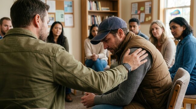 A supportive attendant providing comfort by placing a hand on the shoulder of an upset man during a psychological session.
