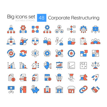 Corporate restructuring line color icons set. Enterprise operational frameworks. Company workflow strategic solutions. Vector illustrations. Simple flat colorful symbols collection. Editable stroke