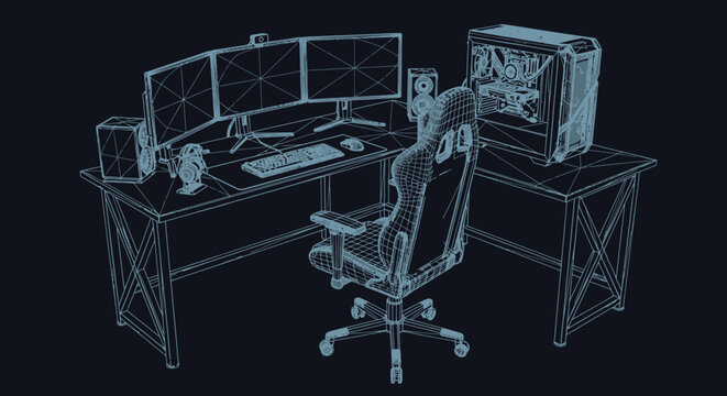 Detailed wireframe illustration of a modern gaming setup including multiple monitors, a gaming chair, and a desktop computer