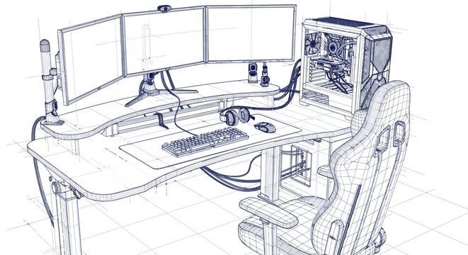 Blueprint drawing of a modern gaming desk setup with multiple monitors, a computer tower, and an ergonomic chair, showcasing advanced technology and a dedicated gaming space