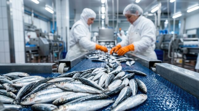 A professional worker in a clean facility sorting and handling freshly caught fish with precision.