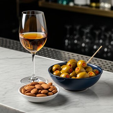 A stylish Aperitivo scene: a glass of dry Fino Sherry next to a bowl of Aceitunas Gordal (large olives) stuffed with orange. A small dish of Marcona almonds is also present on a polished marble bar to