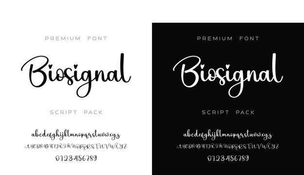 Biosignal Script Font Pack with Uppercase Lowercase Letters and Numbers on Black and White Backgrounds