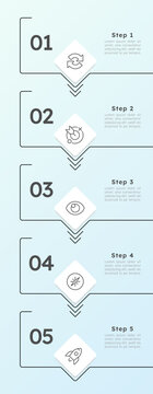 Business tiles vertical timeline infographic 5 steps. Organization management. Minimalist linear workflow. Vector illustration template with thin line icons. Process flow with outline graphics