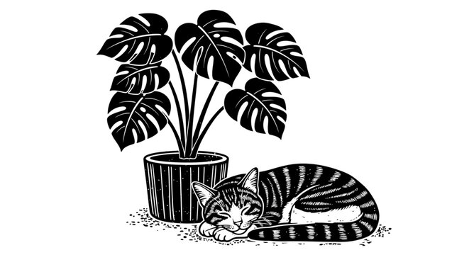 Black and white cat, sleeping beside potted plant, monstera deliciosa, vector illustration, pet and plant, feline relaxation, home decor