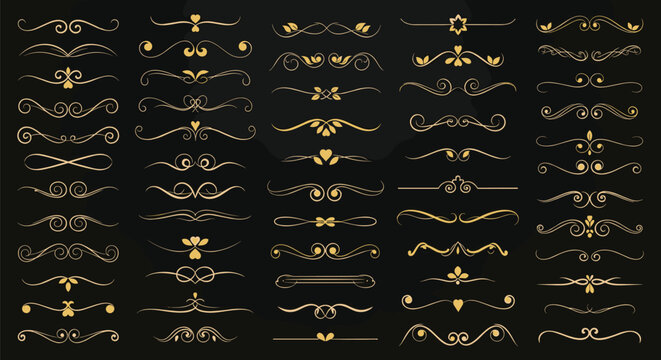 Large collection of elegant golden ornamental dividers, text separators, and flourishes for luxury invitation and vintage book design.