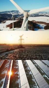 Vertical winter video collage of renewable electricity systems. Climate action, clean power generation and grid modernization concept.