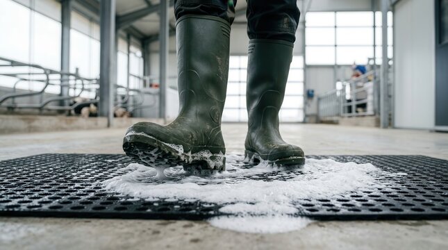 Green farm boots stepping on a biosecurity mat for bird flu prevention and hygiene protocols.