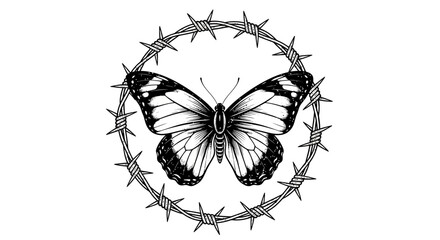 Black butterfly, barbed wire circle, monochrome insect, wire thorn wreath, minimalist vector icon © Adam