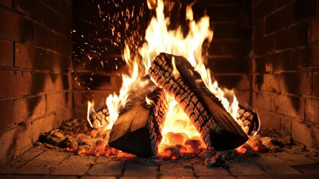 Close-up view of bright orange and yellow flames burning charred wooden logs inside a traditional red brick fireplace with glowing embers and hot coals visible at the base.
