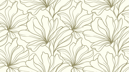 A beautiful Hand drawn pattern of flowers with green lines on cream background © Crushin