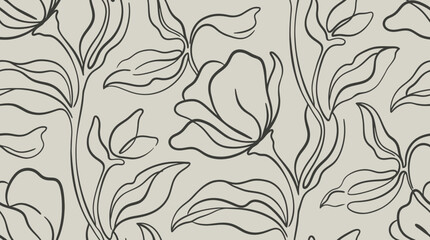A Hand drawn pattern of blooming flowers and leaves on a decorative background © Crushin