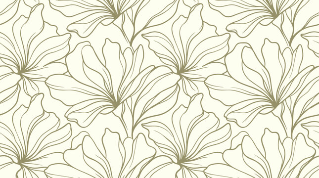 A beautiful Hand drawn pattern of flowers with green lines on cream background