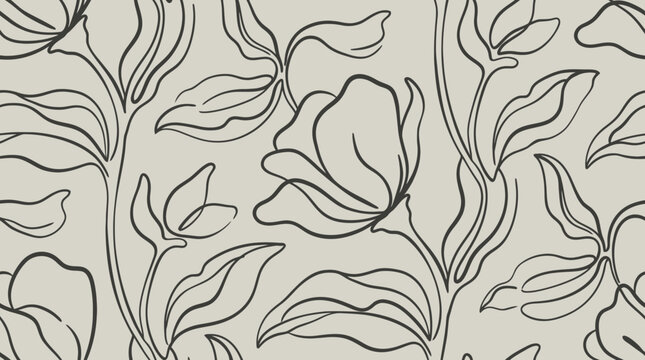 A Hand drawn pattern of blooming flowers and leaves on a decorative background