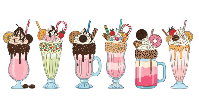colorful variety of delicious freakshake milkshakes topped with generous cream cookies donuts and fresh fruit served in several decorative glasses.
