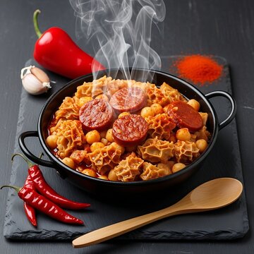 A steaming bowl of Callos a la Madrile�a (tripe stew) with chickpeas, chorizo, and paprika. The dish is placed on a dark slate surface with a side of spicy red peppers and a wooden spoon., 1:1 ratio.