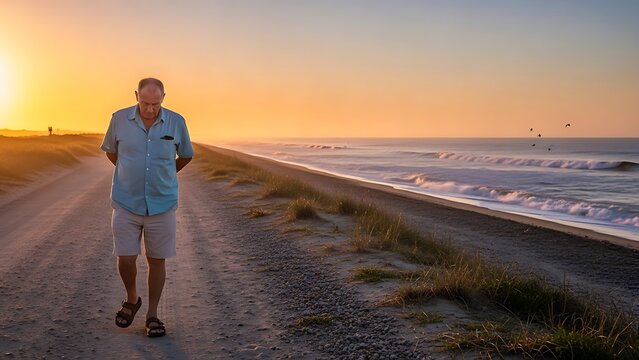 Man walking alone on beach at sunrise silhouette.