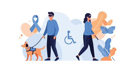 Fototapeta premium illustration of visually impaired people walking with a trained guide dog and a white cane to navigate safely in a colorful stylized environment.