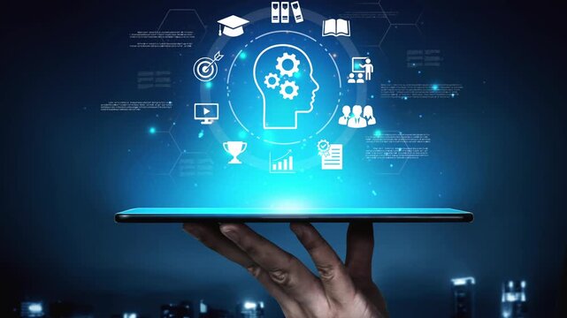 Hand Holding Tablet Displaying Brain with Gears and Icons Representing Knowledge, Learning, Innovation, and Technology in Dark Urban Background Gluon.