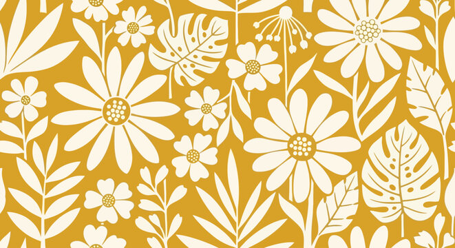 Floral Pattern, Yellow Background, White Flowers, Vector Illustration, Seamless Design, Botanical Elements, Decorative Texture