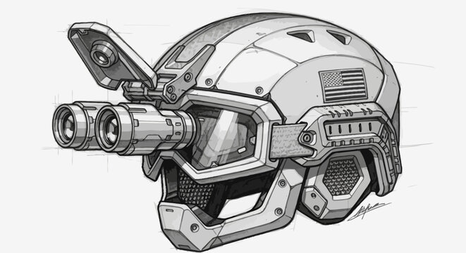 Futuristic tactical helmet with advanced optics, designed for military and law enforcement operations