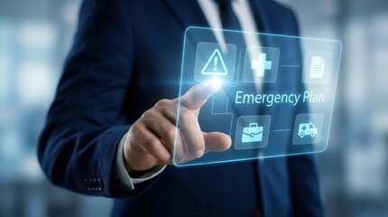 Fototapeta premium Businessman interacting with a holographic emergency plan screen for crisis management.