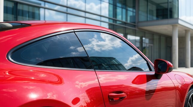 Red car with automotive window tinting for improved comfort and UV protection.