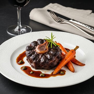 A slow-cooked Rabo de Toro (oxtail stew) served on a sophisticated white porcelain plate. The meat is tender and dark, surrounded by a rich reduction sauce and glazed carrots. A linen napkin and a sil