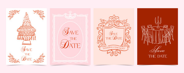 Naklejka premium Thai Wedding Sketch Card Set With Lace Label And Banquet Table