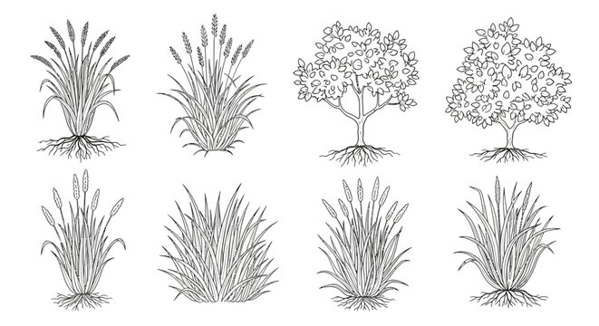 collection of hand-drawn botanical illustrations of grass and trees with roots