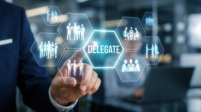 Businessman finger touching a digital interface with the word delegate and team icons.