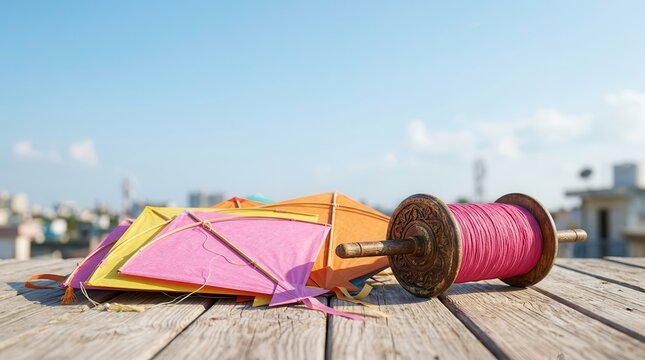 Colorful kites and a pink thread spool for the joyful Uttarayan festival under a clear blue sky.
