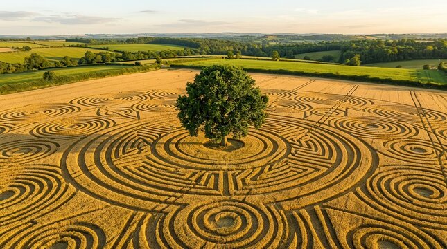 A solitary tree stands tall in the center of intricate crop circles within a beautiful landscape farm.
