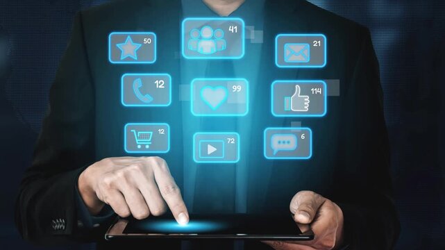 Icons representing social media interaction, communication, and engagement. Social media builds community, social media drives connection, and social media influences behavior. Marrow