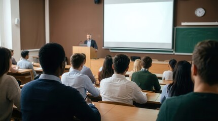 Fototapeta premium Attentive students listening to a professor during an engaging presentation in a university lecture hall.