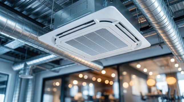 Sleek air conditioning unit installed in a modern office with exposed ductwork design elements.