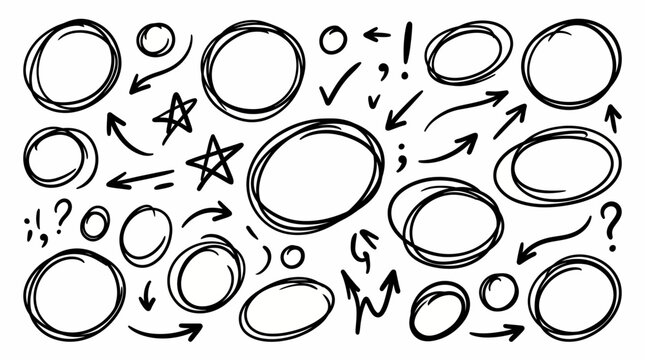 Collection of hand-drawn circular shapes, arrows, and checkmarks in a doodle style