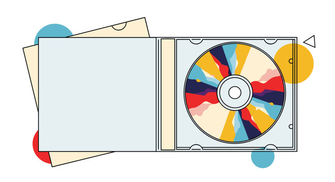 Open CD case revealing a colorful disc with a vibrant abstract splash design surrounded by geometric background shapes.