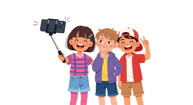 Colorful cartoon kids taking selfie, happy children illustration, playful youngsters vector, smiling kids selfie stick