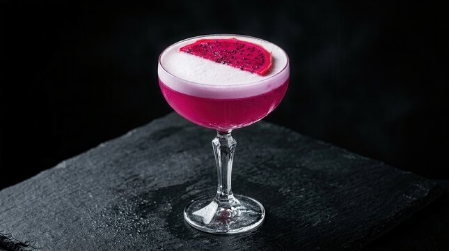 A vibrant pink dragon fruit cocktail topped with a fresh slice of fruit.