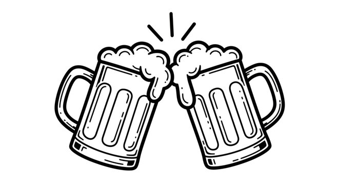 Beer Mugs, Cheers, Vector, Black and White, Line Art, Foamy Beer Glasses, Drinking Illustration
