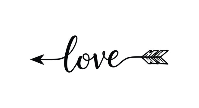 Elegant script lettering of the word love is integrated with an arrow design featuring a sharp tip and feathered fletching on white.