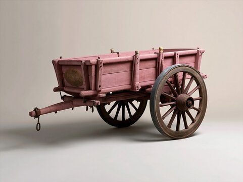 Vintage lilac wooden cart with brown wheels standing on a neutral surface for cultural heritage features, rural crafts marketing and rustic lifestyle advertising