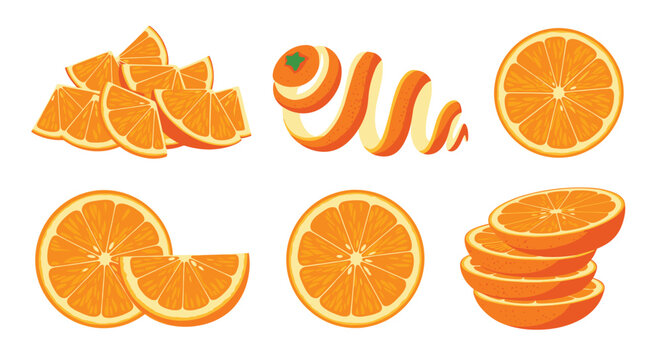 Assorted collection of fresh orange slices and a decorative spiral of fruit peel are shown on a white background for citrus themes.