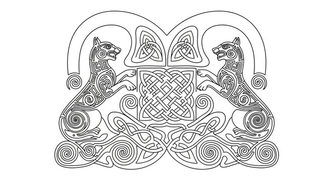 Celtic knotwork crest, ornate shield, lion coat of arms, vector illustration