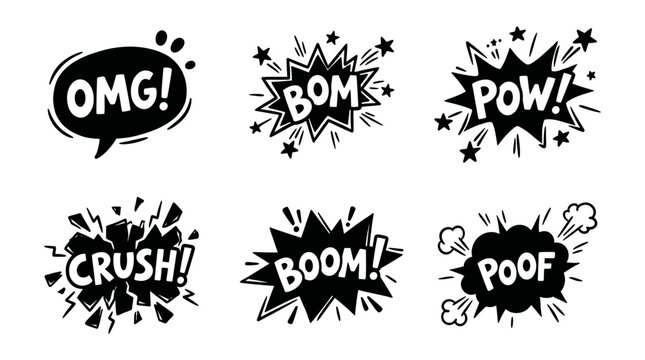 Comic book sound effect speech bubbles, graphic design elements, words and phrases