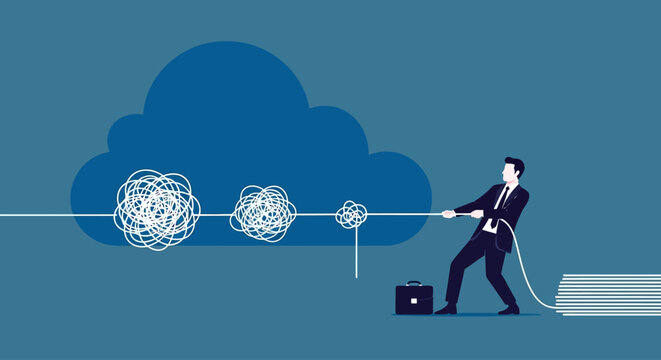 Businessman pulling cloud, tangled lines, data visualization, vector illustration, modern concept, blue background