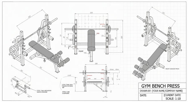 Technical blueprint of a gym bench press machine, showcasing its detailed design and engineering specifications for fitness equipment manufacturing
