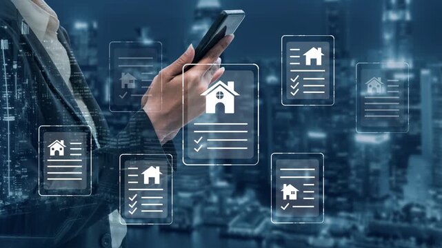 Digital Real Estate Solutions with Smartphone for Listings and Documents in Modern Urban Environment, Innovative Technology Concept for Property Management Gluon.
