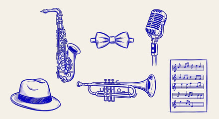 Jazz music icons, blue illustrations, musical instruments, sheet music, vintage style © Adam